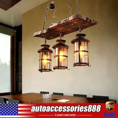 3-Light Farmhouse Loft Rustic Chandelier Wood Pendant Ceiling Light Fixture Lamp - Image 1 of 4