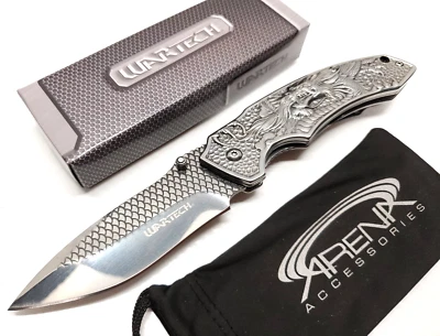 Silver Dragon Scales Pocket Knife Blade Spring Assisted Frame Lock Tip Up Carry - Image 1 of 4