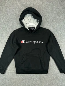 Champion Hoodie Youth Medium Black White Spell Out Logo Sweatshirt Long Sleeve - Picture 1 of 13