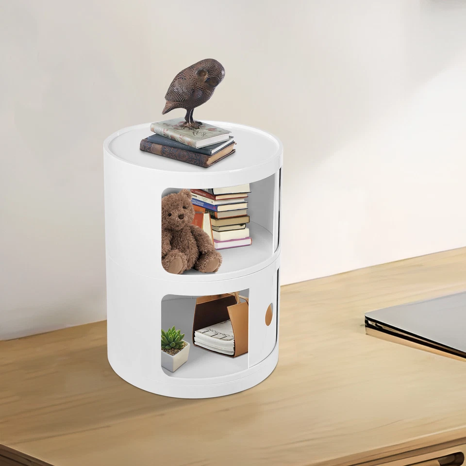 Mesita de noche redonda 2/3 niveles unidad de almacenamiento con cajones y puerta corredera Foto 1 de 4