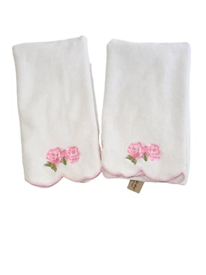 2 White 100% Cotton Hand Towels Embroidered Pink Floral Made in Turkey 18"x26" - Image 1 of 4