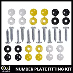 12 x NUMBER PLATE CAR FIXING FITTING KIT SCREWS & CAPS HINGED BLACK YELLOW WHITE - Picture 1 of 1