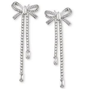 HEYMAEVE CUBIC ZIRCONIA 18K GOLD PLATED SILVER BOW LINEAR DROP EARRINGS 2" NWT - Picture 1 of 5