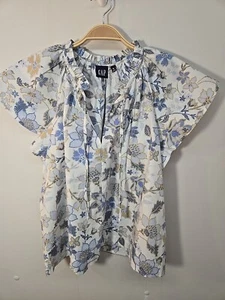 NWT Gap Womens Size M Cotton Blouse Tie Neck White Blue - Picture 1 of 9