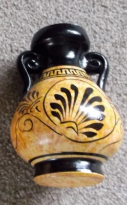 Vintage Hand Painted Pottery 'Grecian' Urn Shaped Vase / Ornament. 12cm tall - Image 1 of 4
