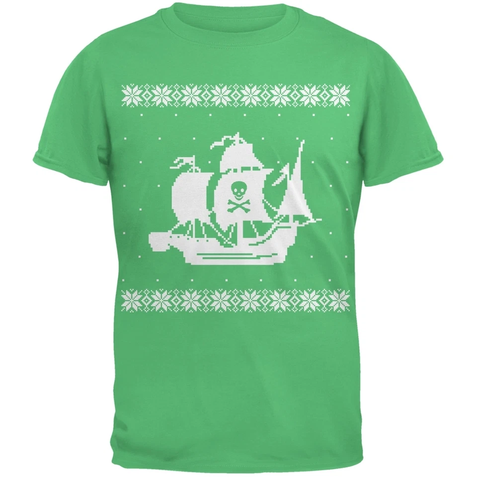 Big Pirate Ship Ugly Christmas Sweater Green Youth T-Shirt - Image 1 of 1