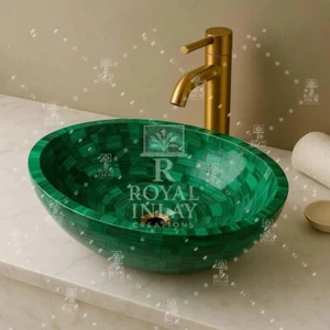 15" Malachite Green Vessel Sink – Handcrafted Gemstone Bathroom Basin - Picture 1 of 7