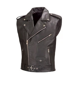 Chaleco de cuero para motociclista estilo clásico negro por WICKED STOCK V111-OS - Imagen 1 de 8