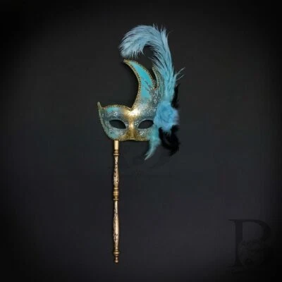 Holding Stick Party Mask | Feather Masquerade Mask Gold Mint Blue M6131 - Image 1 of 4