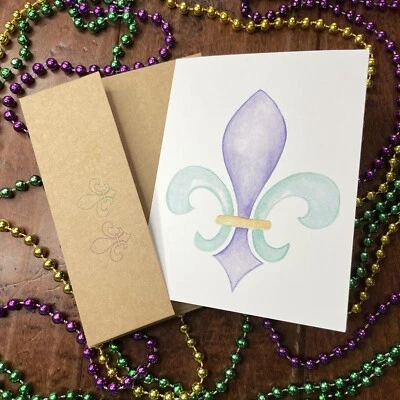Fleur de Lis Blank Card & Envelope Mardi Gras NOLA Purple Green Gold 4.25x5.5" - Изображение 1 из 4