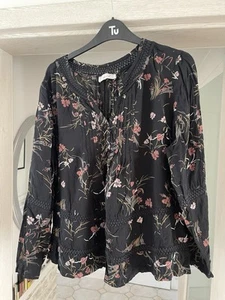Per Una M&S Women Shirt Thin Black Flowers Print Uk 20 Long Sleeve Collarless - Picture 1 of 16