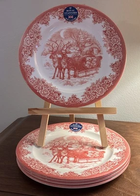 Royal Stafford Set of 6 Christmas SANTA'S SLEIGH RED Porcelain Salad Plate NEW - Image 1 of 4