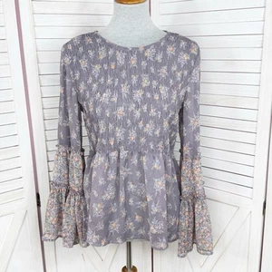 Top contadino American Eagle Boho floreale chiffon fumè manica a campana malva medio - Foto 1 di 14