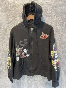 Vintage Y2K Disney Mickey Mouse Zip-up Hoodie Ed Hardy Style Tattoo Roses Sz 2XL - Picture 1 of 17