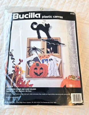 VTG BUCILLA Plastic Canvas HALLOWEEN Card Holder Frame KIT #6193 Black Cat New! - Image 1 of 4