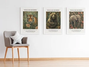 Set of 3 William Morris Wild Animal Cotton Prints Exhibition Floral Posters - Picture 1 of 9