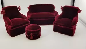 DOLLHOUSE MINIATURE BESPAQ 4 PIECE VICTORIAN RED VELVET LIVING ROOM SET - Picture 1 of 15
