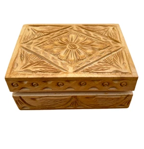 Wooden Jewelry Box 3" X 4"" Trinket Organizer Hand Carved Vintage look keepsake - Picture 1 of 5