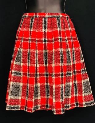 Vintage 1960s red black plaid mini skirt, pleated school girl Darlenette S - Image 1 of 4