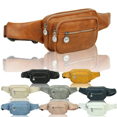 Travel Bum Bag PU Leather Unisex Belt Bag Waist Wallet Multiple Zippered Pocket - Image 1 of 4