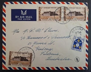 1955 France Airmail Cover ties 4 stamps cd Beaune-Geelong - Picture 1 of 2