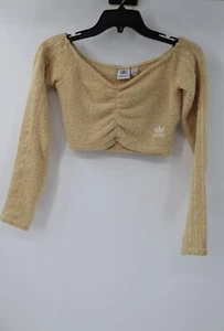 Adidas Originals Top Womens XS Fluffy Knit Ruched Cropped Hazy Beige Long Sleeve - Picture 1 of 11