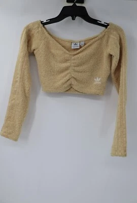 Adidas Originals Top Womens XS Fluffy Knit Ruched Cropped Hazy Beige Long Sleeve - Image 1 of 4