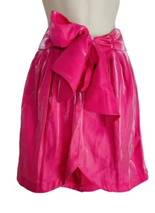 ZARA Hot Pink Gloss Bow Tie Back Zip Up Women's Glossy Shiny Skirt Size XL BNWT - Picture 1 of 12