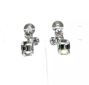 Vintage 1950 Vargas Silver Clear Three Rhinestone Sparkling Screwback Earrings - Picture 1 of 8