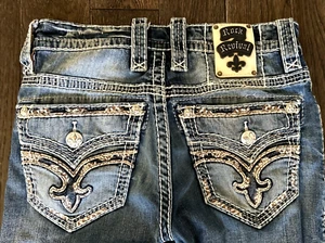 Mens Rock Revival Destroyed RAHM Leather inserts Faux Flap Boot Jeans 30x31 - Picture 1 of 12