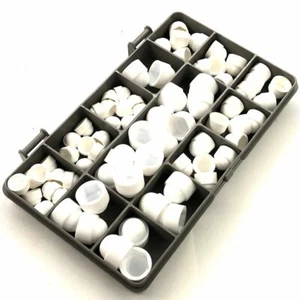 70 PIECE M5 M6 M8 ASSORTED WHITE PLASTIC HEX NUT & BOLT HEAD COVERS KIT IN BOX - Picture 1 of 2