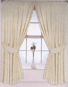 Pair of Cream Pencil Pleat Jacquard Curtains Floral Design Fully Lined Tiebacks - Picture 1 of 1