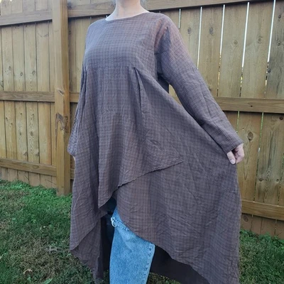 Oversized Womens Loose Long Sleeve Plaid Check Midi Dress Cabin Farm Cottage Med - Image 1 of 4