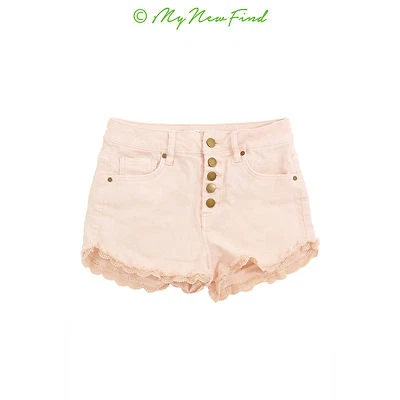 Love Fire Juniors Cutoff Denim Shorts  1 Button Fly Crochet Orange Casual B66 - Image 1 of 3