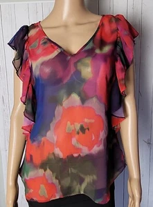Express NWOT Multi-Color Floral Sheer Ruffle Sleeves V Neck Sleeveless Blouse XS - Picture 1 of 11