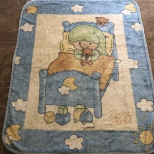 Vintage of Baby Mink Boy Baby w/Clouds Teddy Bears Plush Blanket 53 X43 - Picture 1 of 7