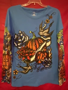 Halloween Long Sleeve TShirt Sheer Arms Pumpkins Birds Flowers Fish Junior 15/17 - Picture 1 of 7