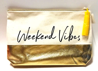 Bath & Body Works "Weekend Vibes" Canvas Cosmetic Makeup Travel Bag Gold Foil - Image 1 of 4