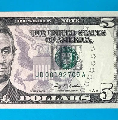 Year 1927 (JD 00192700 A) $5 Five Dollar Bill Serial Number 2009 Series - Image 1 of 4