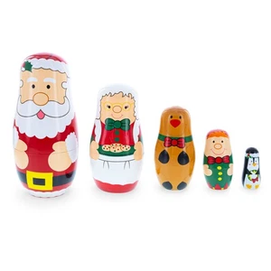 Santa, Mrs. Claus, Reindeer, Elf Wooden Nesting Dolls 6 Inches - Picture 1 of 6