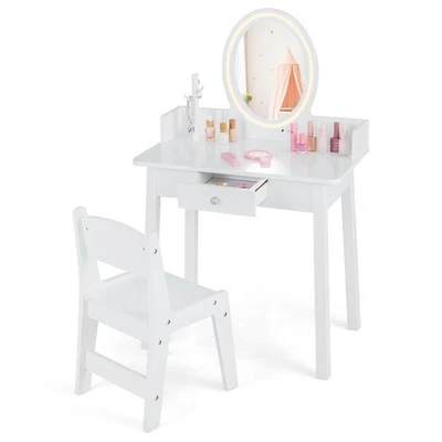 Juego de tocador para niños con silla con espejo iluminado iluminación LED de 2 colores para maquillaje de niñas Foto 1 de 4