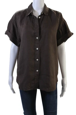 Blusa J Crew X Baird McNutt Mujer Lino Manga Corta Abotonada Marrón Talla S Foto 1 de 4