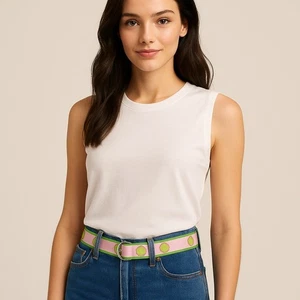 Eliza B Preppy Ribbon Belt Pink Green Sand Dollar Beachy | Coastal Living Size M - Picture 1 of 4