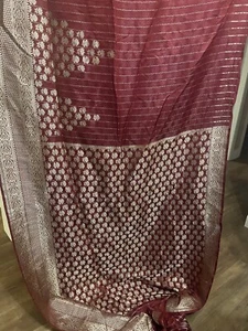 Wine Heavy Sari Material With Gold Embroidery Work "ZAREE SAREE"- 188" by 45" - Picture 1 of 14
