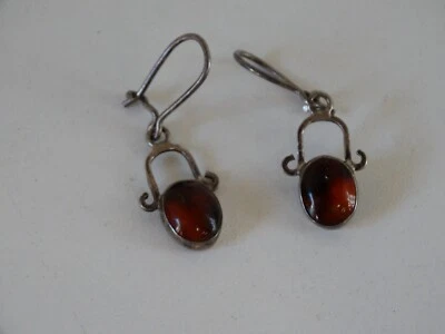 Honey Color  Amber Oval Shape Silver Earrings loop through closure - Image 1 of 3