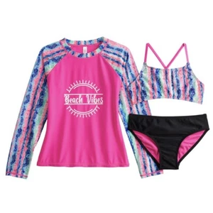 SO Tie Dye Beach Vibes Bikini Top Bottoms Rash Guard Swimsuit Set Girls 4-5 Pink - Picture 1 of 2