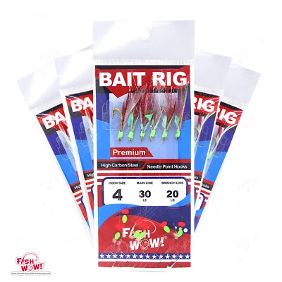 5pks Size 4 Premium Sabiki Bait Rigs 6-hook Red White Feather Fishing Piscatore - Image 1 of 3
