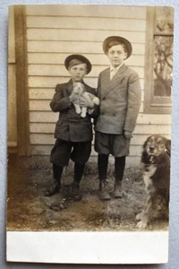 Nicely Dressed Boys w/ DOG & Her PUPPY ~ Vintage 1909 RPPC Real Photo POSTCARD - Picture 1 of 3