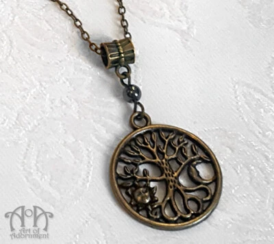 Antique Bronze Pagan COSMIC WORLD TREE NECKLACE Brass Sun Moon Pendant Hematite - Image 1 of 3