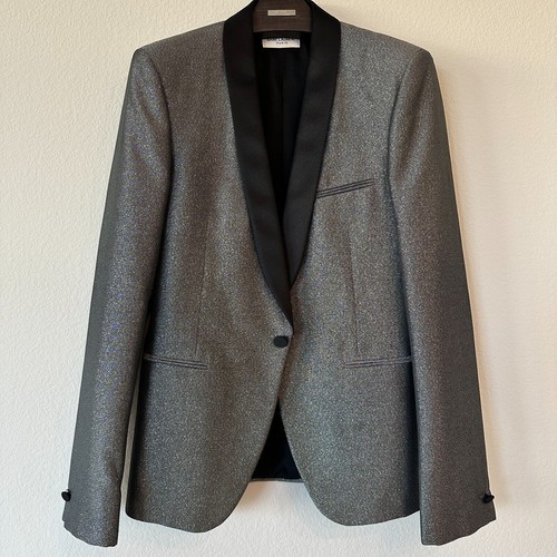 SAINT LAURENT (YSL) Cappotto sportivo da sera Saint Laurent YSL uomo argento scintillante metallizzato 46R EU 36R US